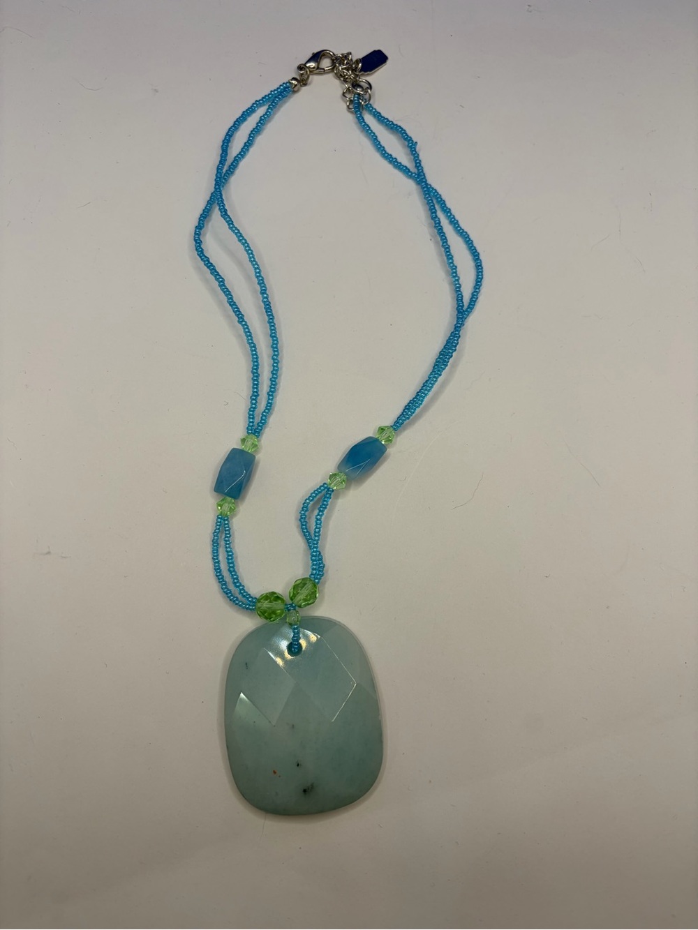 Essence Blue Green Beaded Statement Necklace Large Faceted Pendant